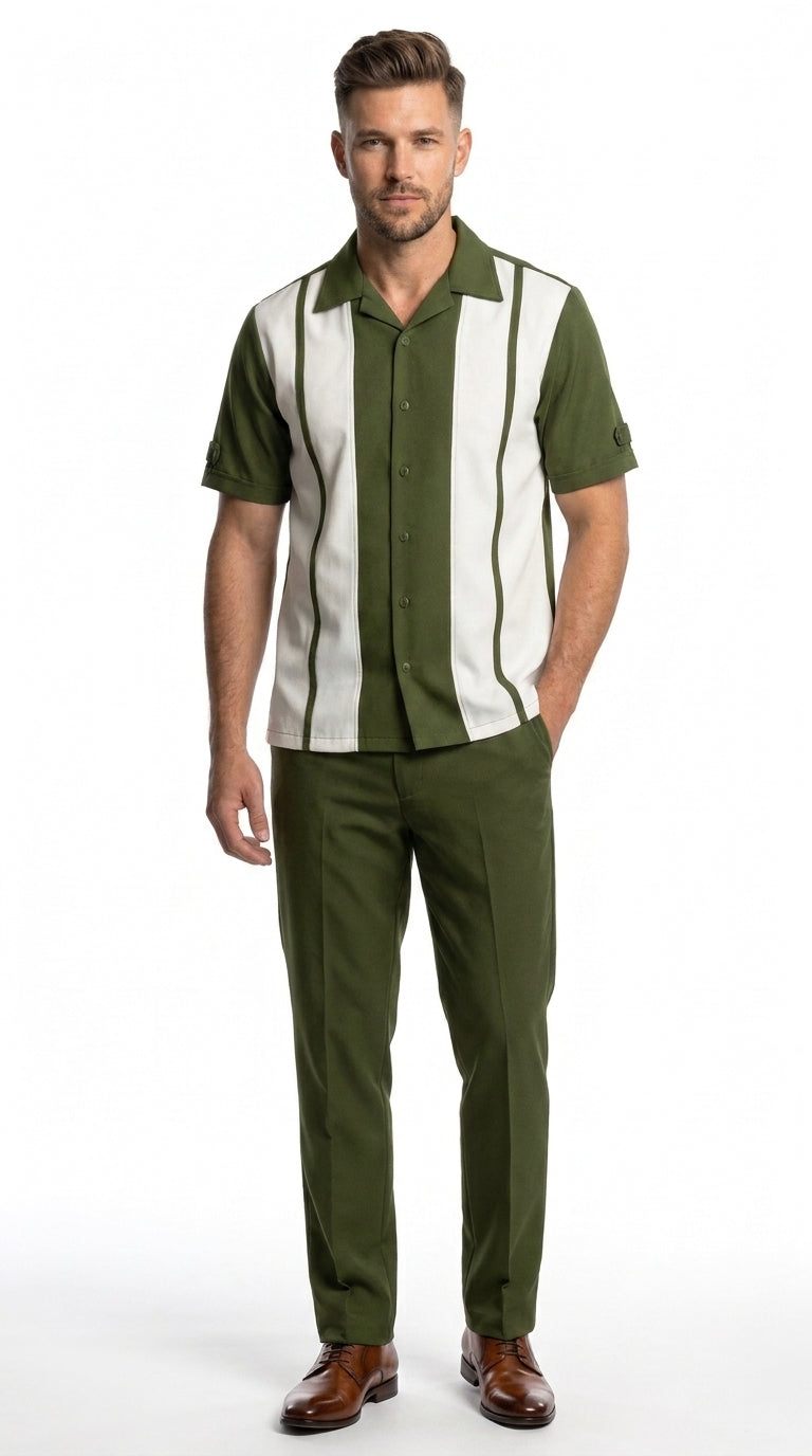 Men’s Olive Green and White Walking Suit – 2-Piece Short Sleeve Casual Leisure Outfit - Small