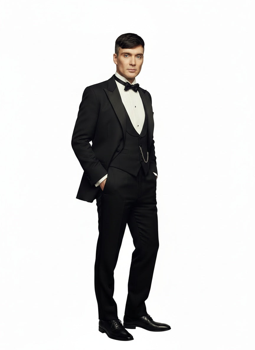 Mens Black Peaky Blinders Style Three-Piece Tuxedo Suit Classic Formal Suit with Blazer and Waistcoat Peak Lapel 1920s Style - 34 Short or Extra Small
