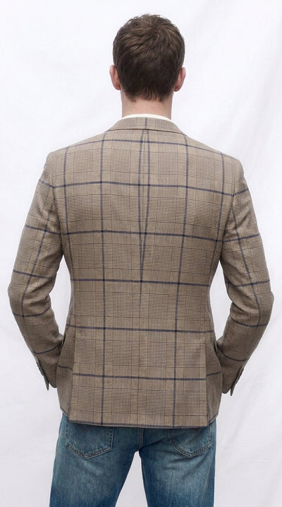Men’s Tan Beige Peaky Blinders Glen Plaid Blazer English Style Textured Wool Winter Sport Coat Checkered Windowpane