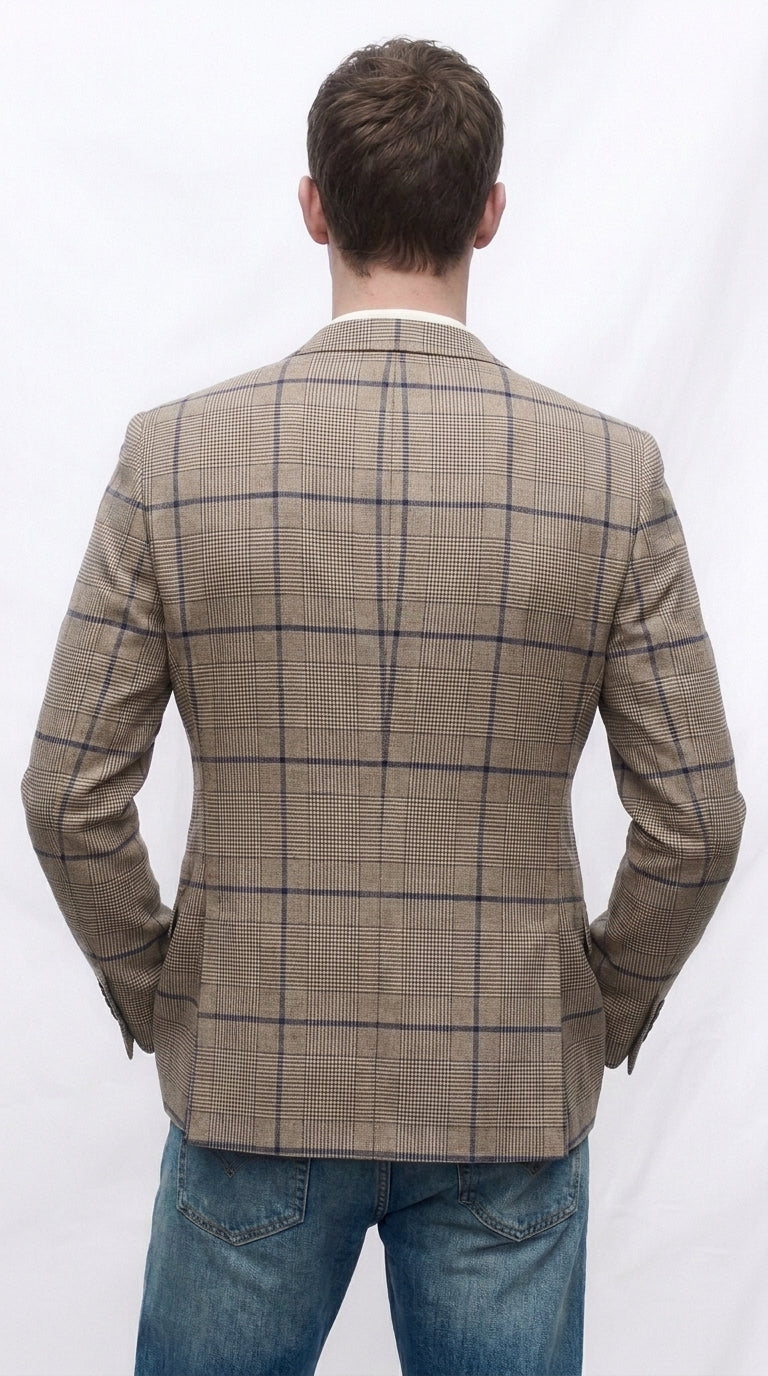 Men’s Tan Beige Peaky Blinders Glen Plaid Blazer English Style Textured Wool Winter Sport Coat Checkered Windowpane