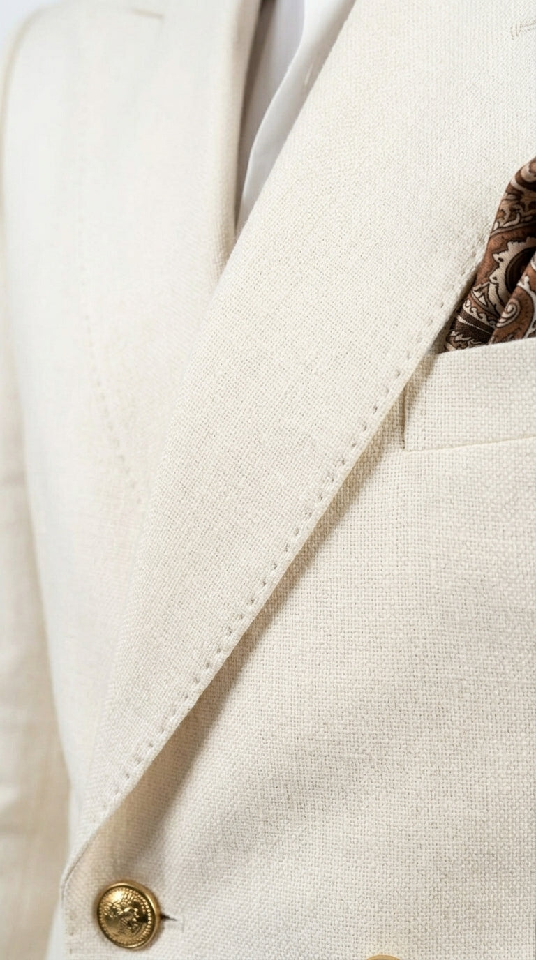 Men’s Ivory Linen Double Breasted Blazer, Lightweight Wedding Dinner Sport Coat Jacket Cream Off White - 36 Short