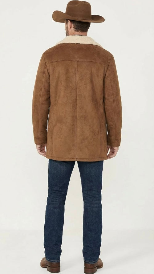 Mens Brown Western Faux Suede Blazer Coat Cowboy Style Long Jacket for Wedding, Party and Special Events
