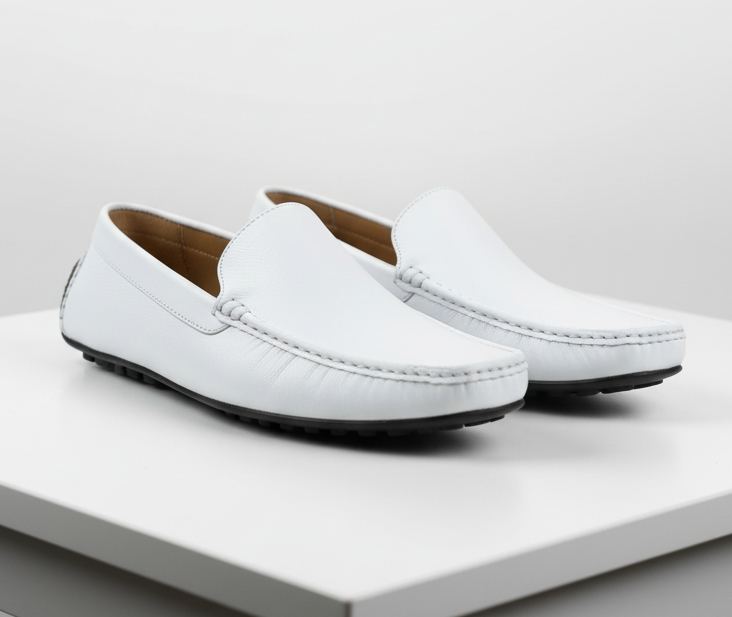 Men’s Mundo White Leather Loafers – Classic Slip-On Dress Shoes for Casual and Formal Wear - 43