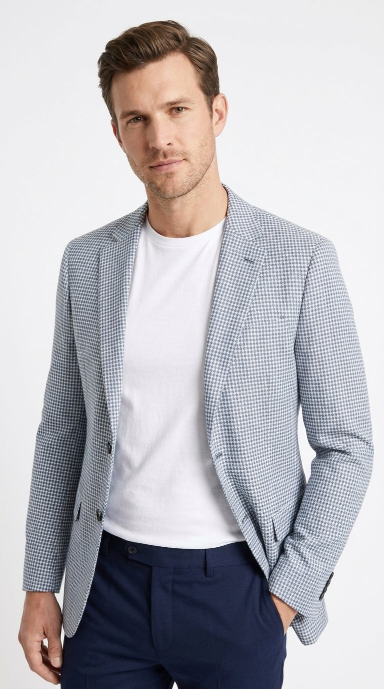 Men’s Light Blue Checkered Sport Coat – Two-Button Wedding, Business and Smart Casual Blazer - 36 Short