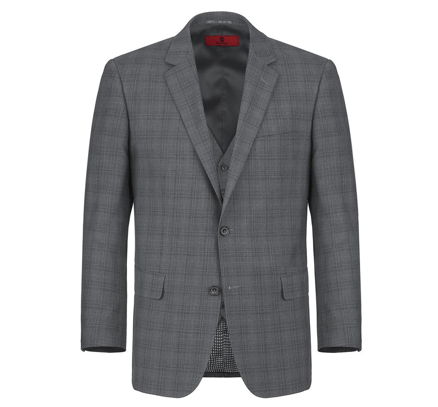 "Charcoal Grey Windowpane Plaid Men's Classic Fit Vested Suit - Two Button" - 34 Short