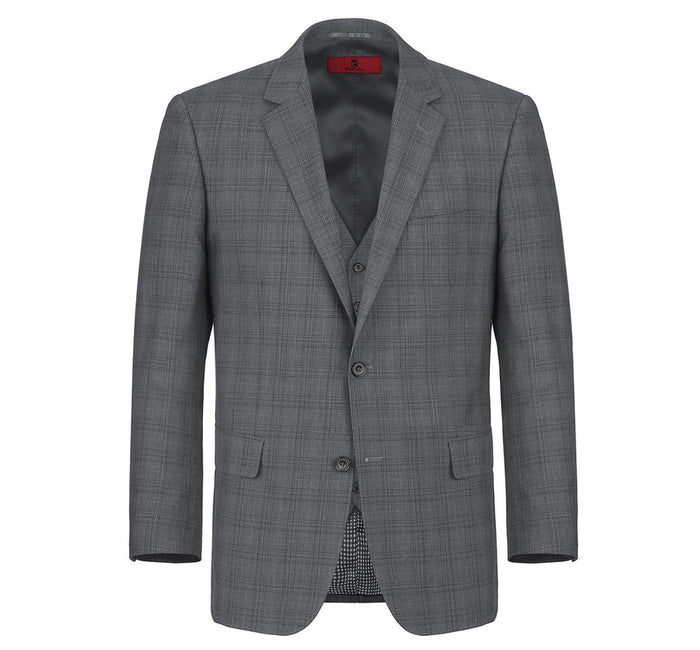 "Charcoal Grey Windowpane Plaid Men's Classic Fit Vested Suit - Two Button"