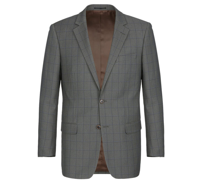 "Grey Windowpane Plaid Men's Two Button Classic Fit Suit"