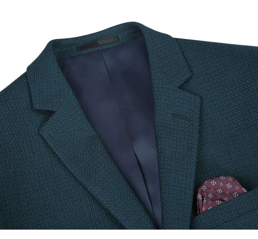 "Teal Blue Green Birdseye Wool Blazer - Men's Slim Fit Two-Button Sport Coat" - 34 Short