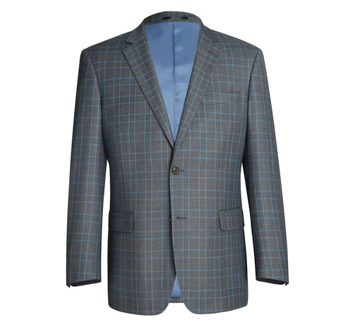 "Classic Fit Men's Two Button Suit - Grey & Blue Windowpane Plaid"