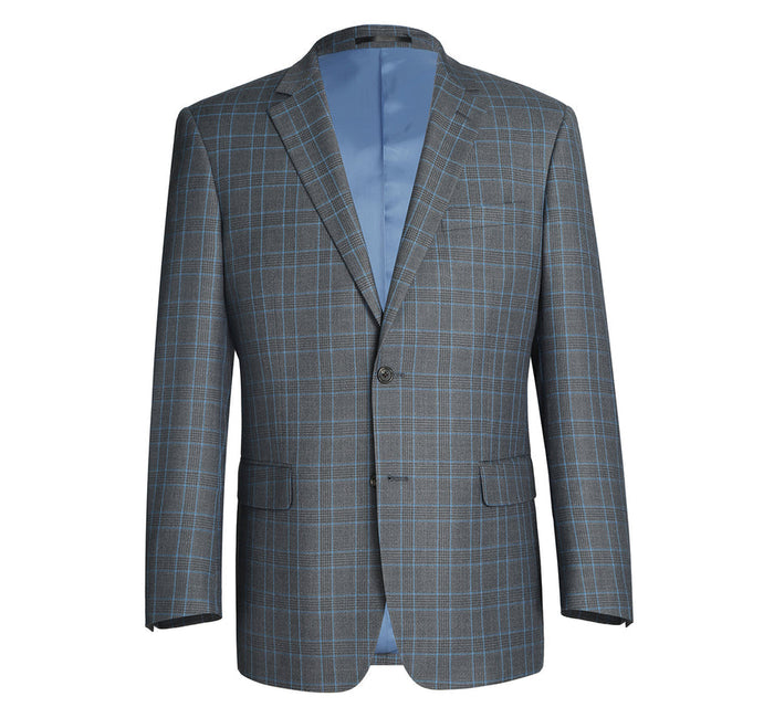 "Classic Fit Men's Two Button Suit - Grey & Blue Windowpane Plaid"