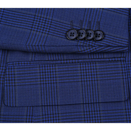 "Classic Fit Two Button Men's Blazer - Dark Navy Blue Windowpane Plaid"