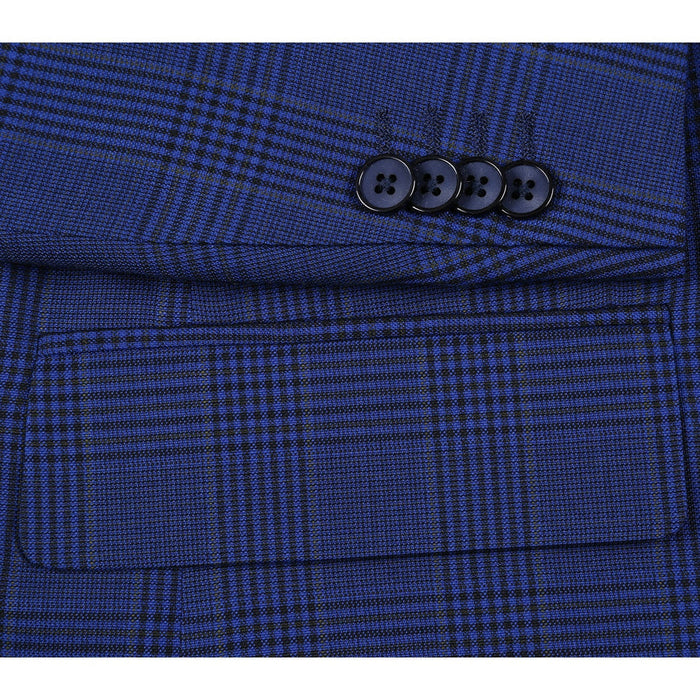 "Classic Fit Two Button Men's Blazer - Dark Navy Blue Windowpane Plaid"