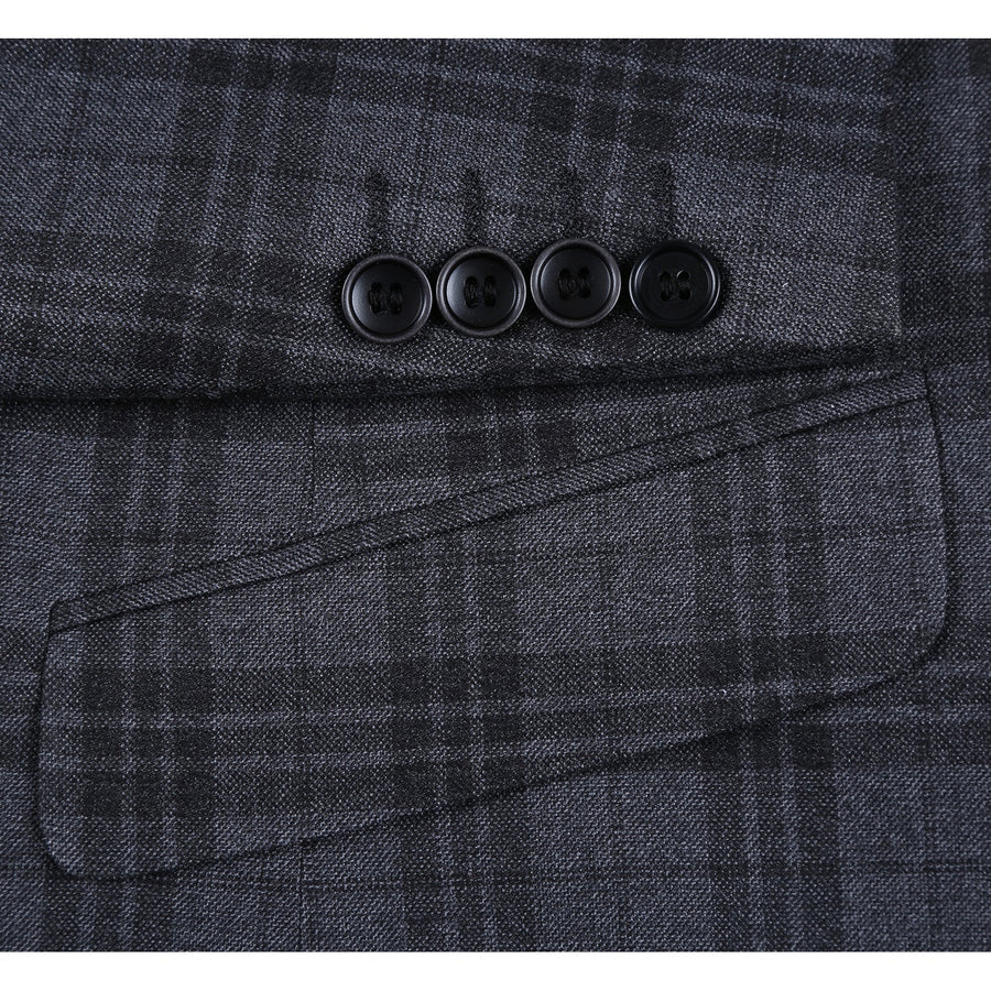 "Charcoal Grey Windowpane Plaid Men's Slim Fit Two-Button Suit" - 34 Short