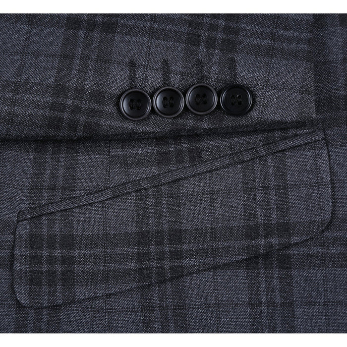 "Charcoal Grey Windowpane Plaid Men's Slim Fit Two-Button Suit"