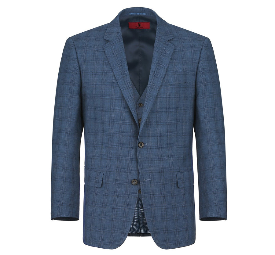 "Classic Fit Men's Two-Button Vested Suit - Navy Blue Windowpane Plaid"