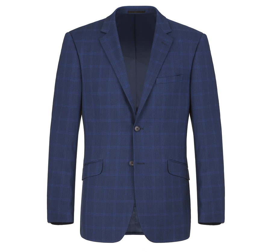 "Indigo Blue Windowpane Plaid Men's Slim Fit Two-Button Suit" - 34 Short