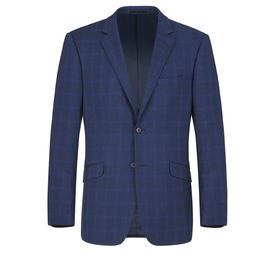 "Indigo Blue Windowpane Plaid Men's Slim Fit Two-Button Suit"