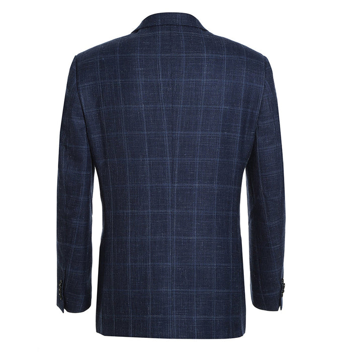 "Classic Fit Wool plaid  Blazers - Men's Two Button Navy Blue Windowpane Plaid Sport Coat"