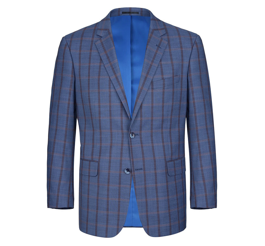 "Blue Windowpane Plaid Classic Fit Men's Suit - Two Button Stretch" - 64 Long