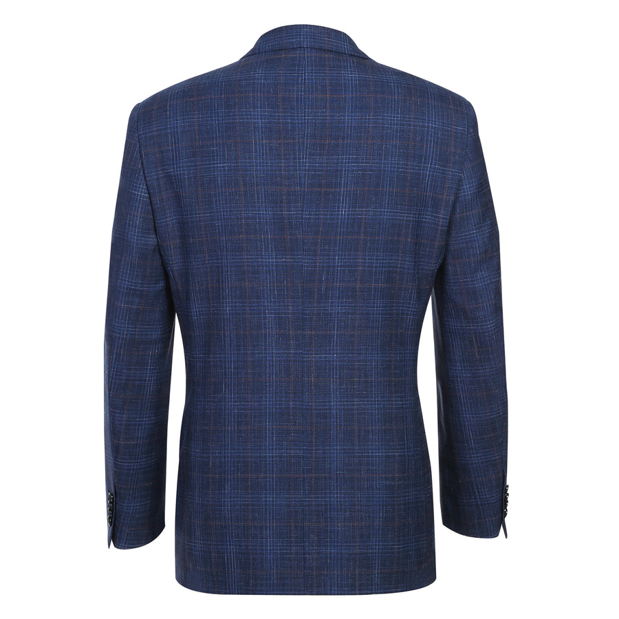 "Blue Windowpane Plaid Wool & Linen Sport Coat - Men's Classic Fit Two Button Blazer" - 36 Short