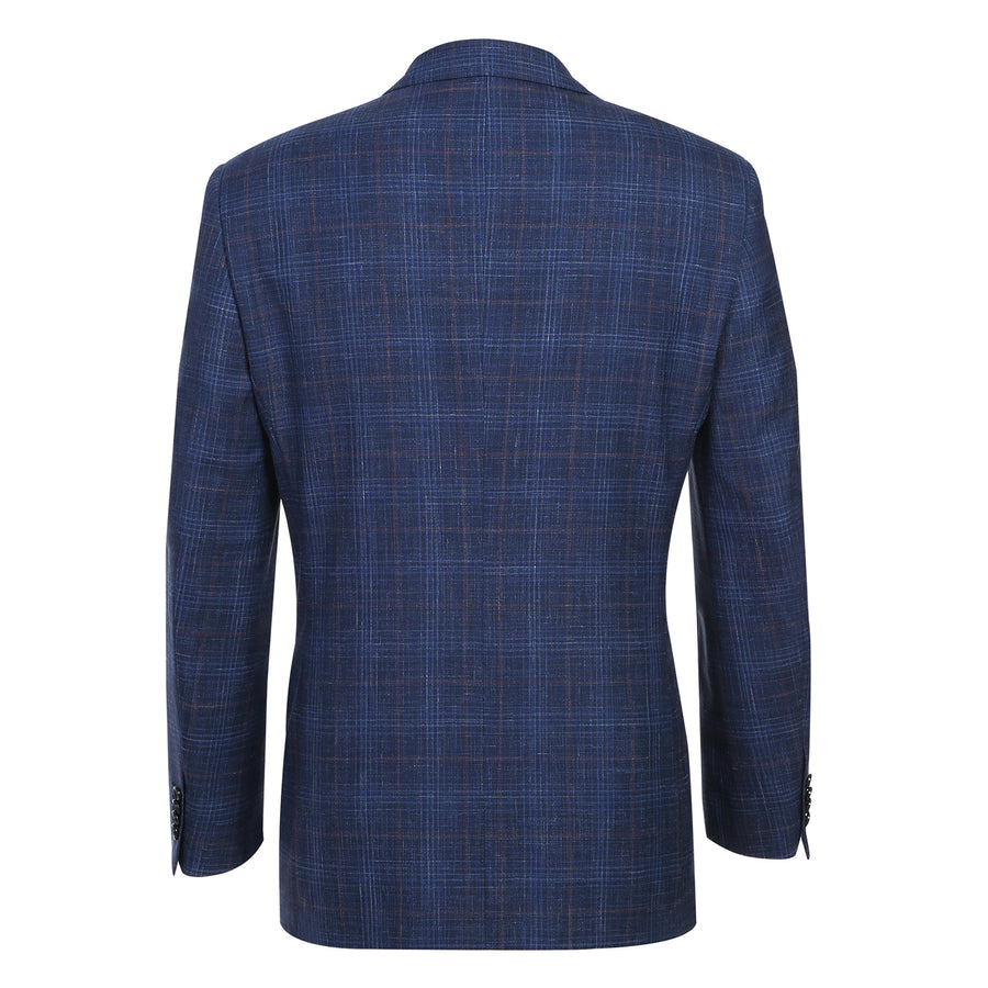 "Blue Windowpane Plaid Wool & Linen Sport Coat - Men's Classic Fit Two Button Blazer"