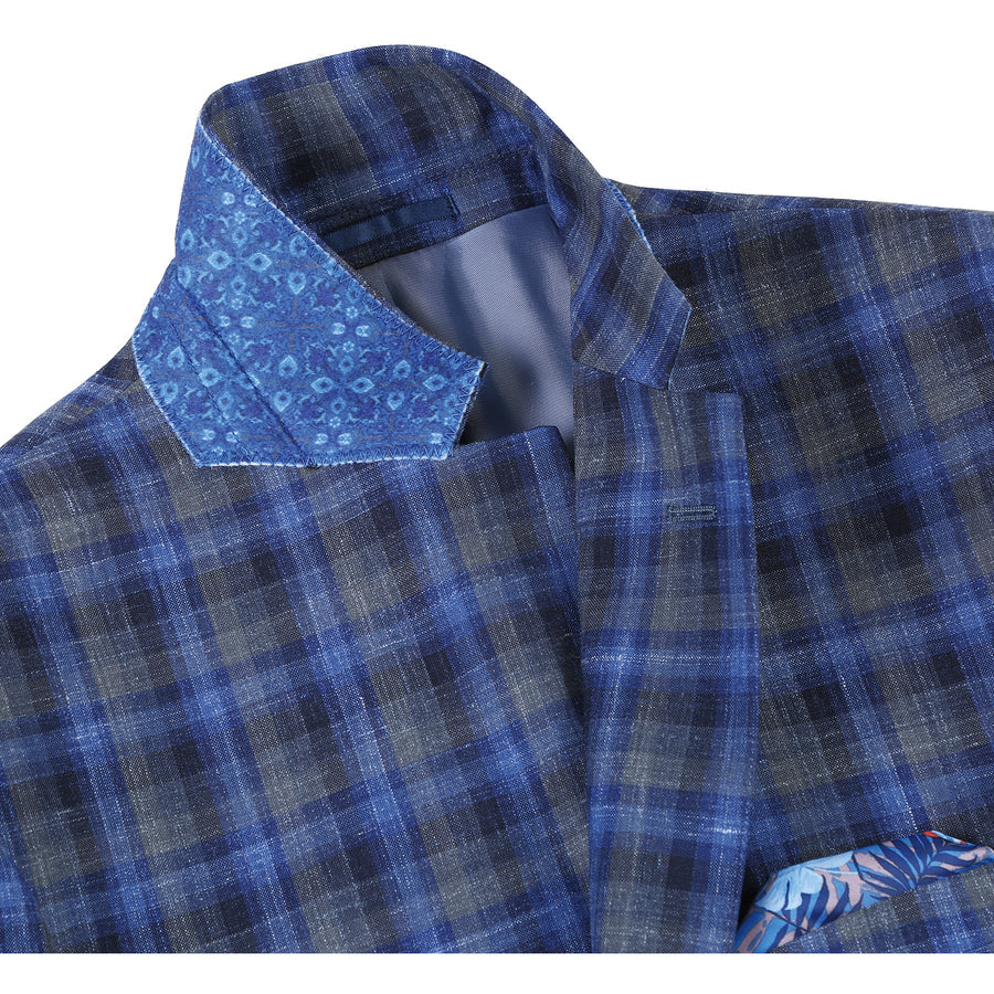 Wool Sport Coat Blazer for Men - Slim Fit, Two-Button, Navy Blue & Grey Windowpane Plaid