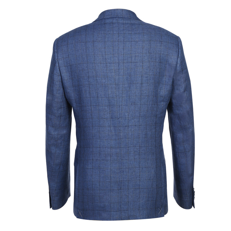 "Men's Navy Blue Slim Fit Linen Blazer - Two Button, Summer Windowpane Plaid"