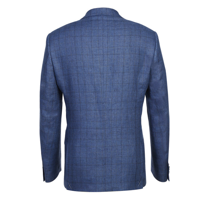 "Men's Navy Blue Slim Fit Linen plaid Blazers - Two Button, Summer Windowpane Plaid"