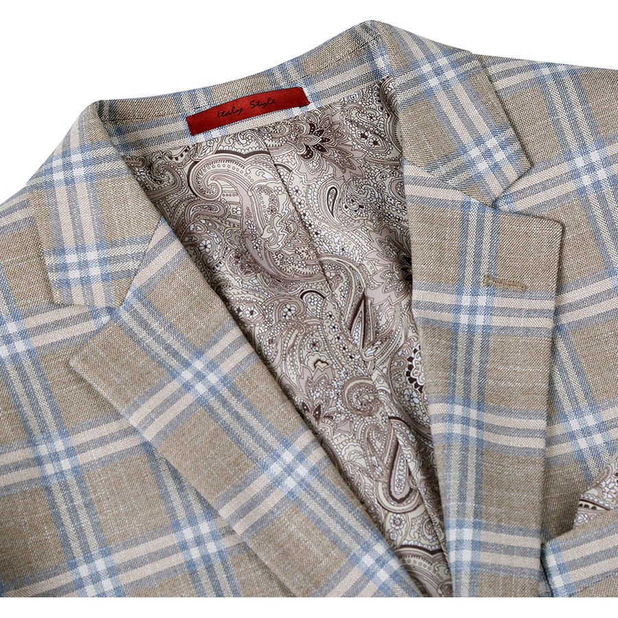 "Classic Fit Two Button Men's Sport Coat Blazer - Grey Tan Windowpane Plaid"