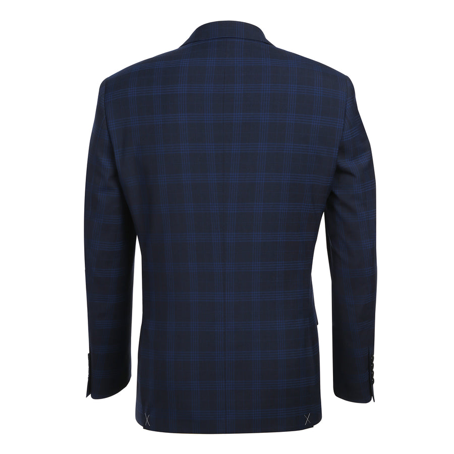 "Dark Navy Windowpane Plaid Slim Fit Two-Button Men's Suit" - 40 Long