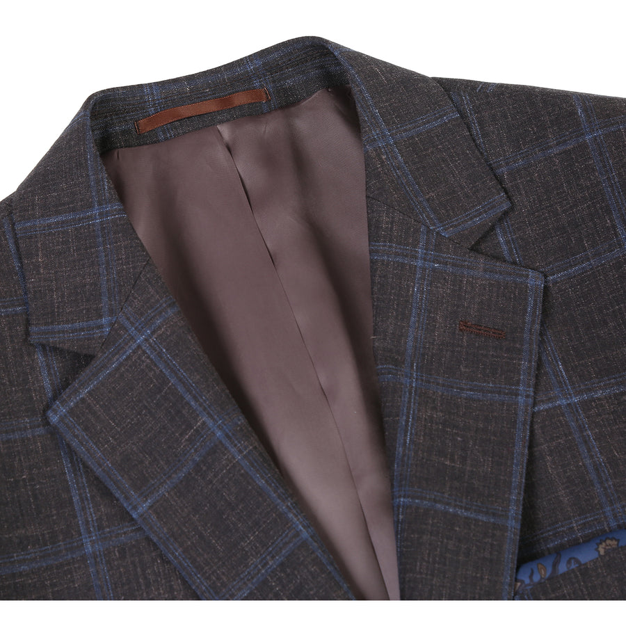 "Brown Windowpane Plaid Wool & Linen Sport Coat Blazer - Men's Classic Fit"