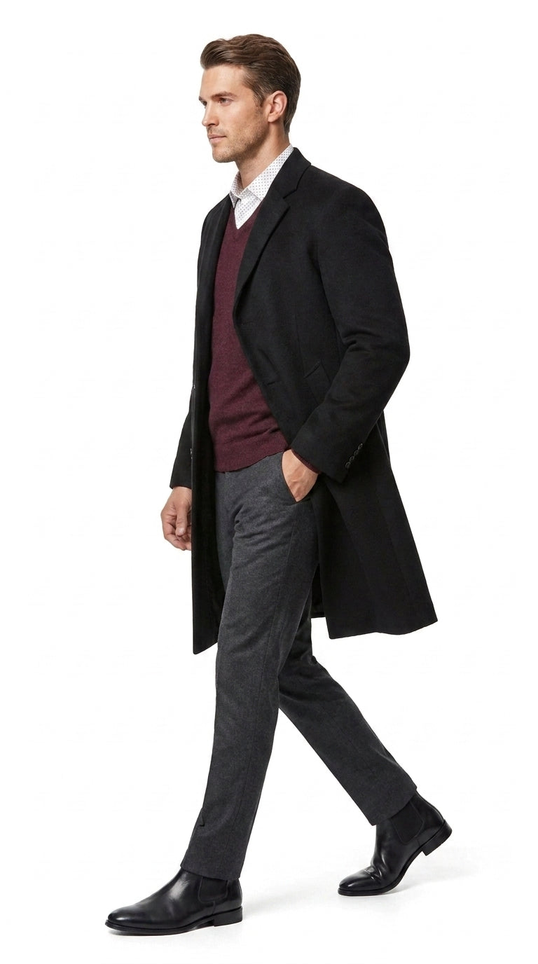Men’s Big and Tall Black Cashmere Overcoat – Full-Length Winter Dress Coat for Business and Formal Wear