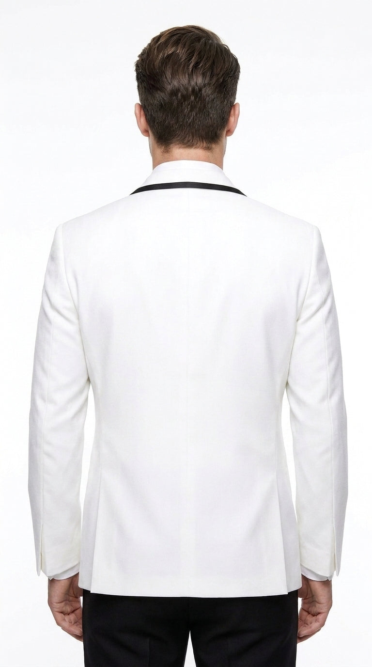 Men’s White Tuxedo Jacket – Black Trim Shawl Lapel Formal Dinner Blazer for Weddings, Prom Wedding Blazer Modern fit