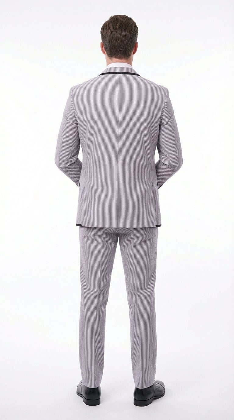Mens Black and White Pinstripe Wedding Tuxedo Suit – Three Piece Formal Suit Set with Contrast Trim for Groom, Prom - Seersucker Summer Suit - 34 Short or Extra Small