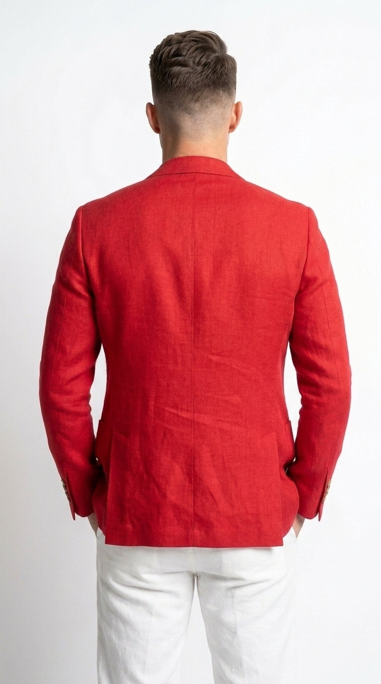 Men’s Red Linen Blazer – Two-Button Wedding, Business and Smart Casual Sport Coat - 36 Short