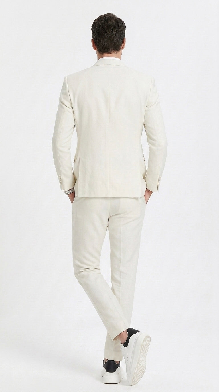 Men’s Ivory Cream Double-Breasted Linen Suit – Off-White Summer Wedding Slim Fitted 2-Piece Suit Cream Color - 34 Short or Extra Small