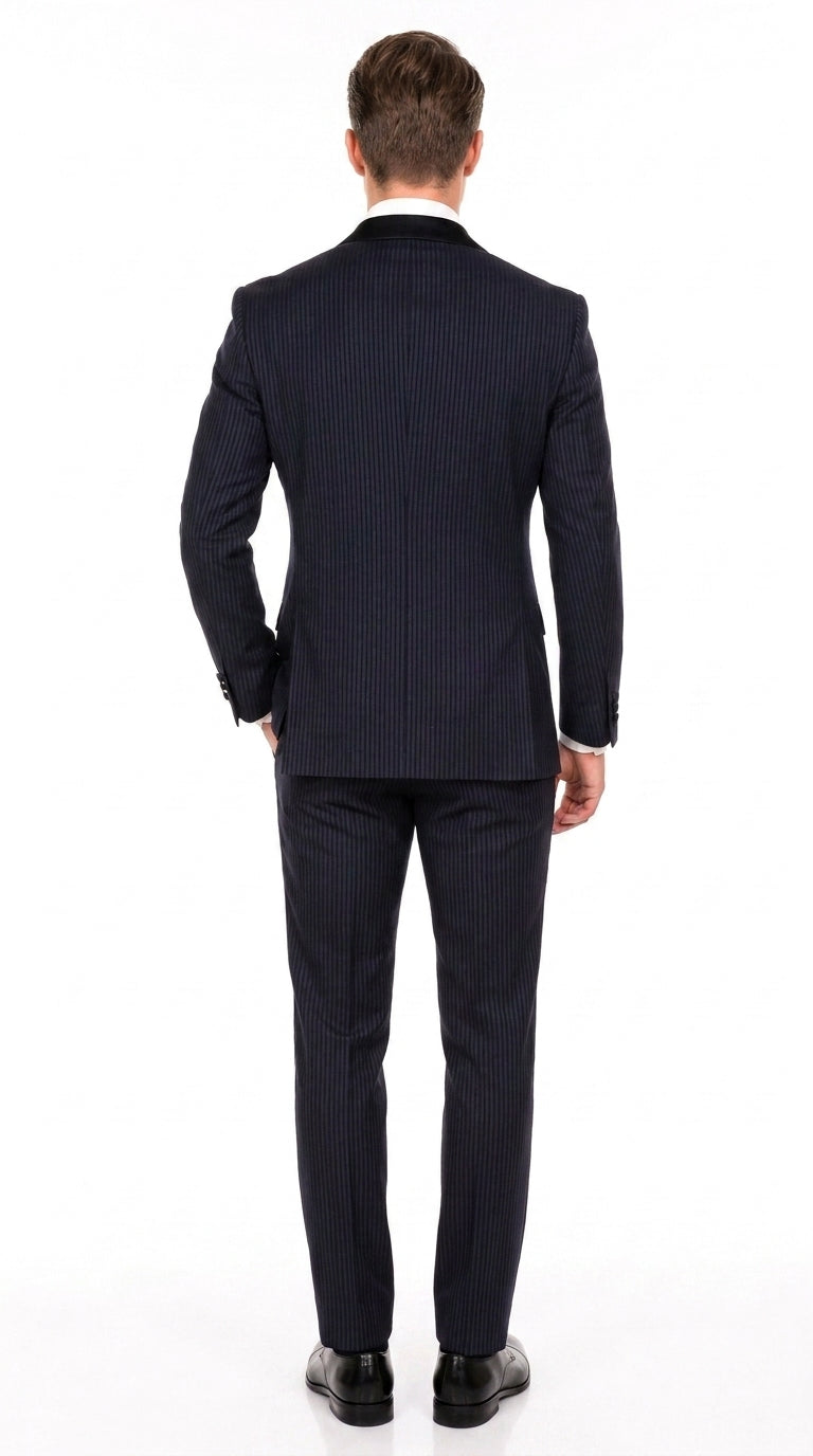 Men’s Navy Blue Double-Breasted Tuxedo – Tone-on-Tone Shadow Pinstripe Formal Wedding and Prom Suit - 34 Short or Extra Small