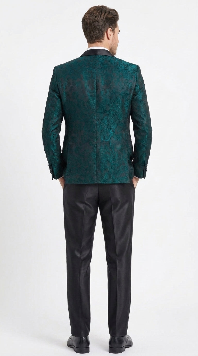 Tazzio Men’s Hunter Green & Black Paisley Tuxedo – Skinny Fit Shawl Collar 3-Piece Prom and Wedding Suit - 34 Short or Extra Small