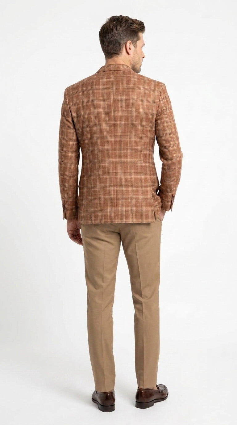 Vitali Men’s Rust Copper Brown Plaid Blazer with Tan Pants – Classic Windowpane, Business and Smart-Casual Birck color  Suit - 36 Short