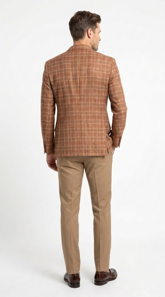 Vitali Men’s Rust Copper Brown Plaid Blazer with Tan Pants – Classic Windowpane, Business and Smart-Casual Birck color  Suit