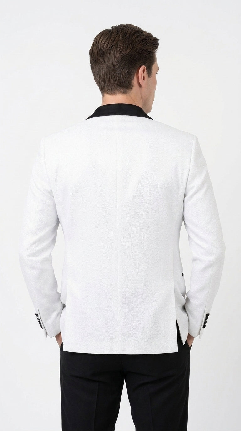 Men's White Sparkle Dinner Jacket – Black Satin Shawl Lapel Tuxedo Blazer   Slim Fit Sequin Shiny Prom Jacket - 34 Short or Extra Small