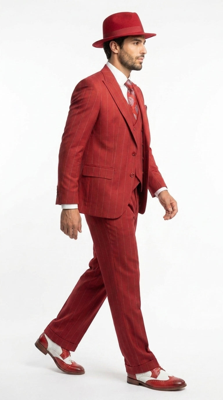 Men’s Red & White Pinstripe 3-Piece Suit by Mazari – Peak Lapel Classic Fit Gangster Suit with Pleated Pants - 34 Short or Extra Small