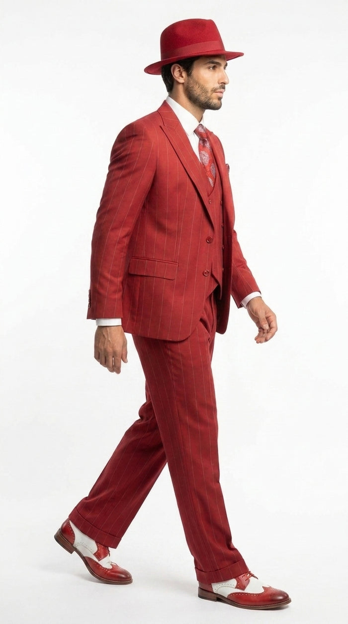 Men’s Red & White Pinstripe 3-Piece Suit by Mazari – Peak Lapel Classic Fit Gangster Suit with Pleated Pants