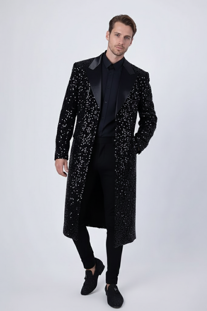 Mens Black Sequin Long Coat with Satin Shawl Lapel Luxury Statement Evening Overcoat