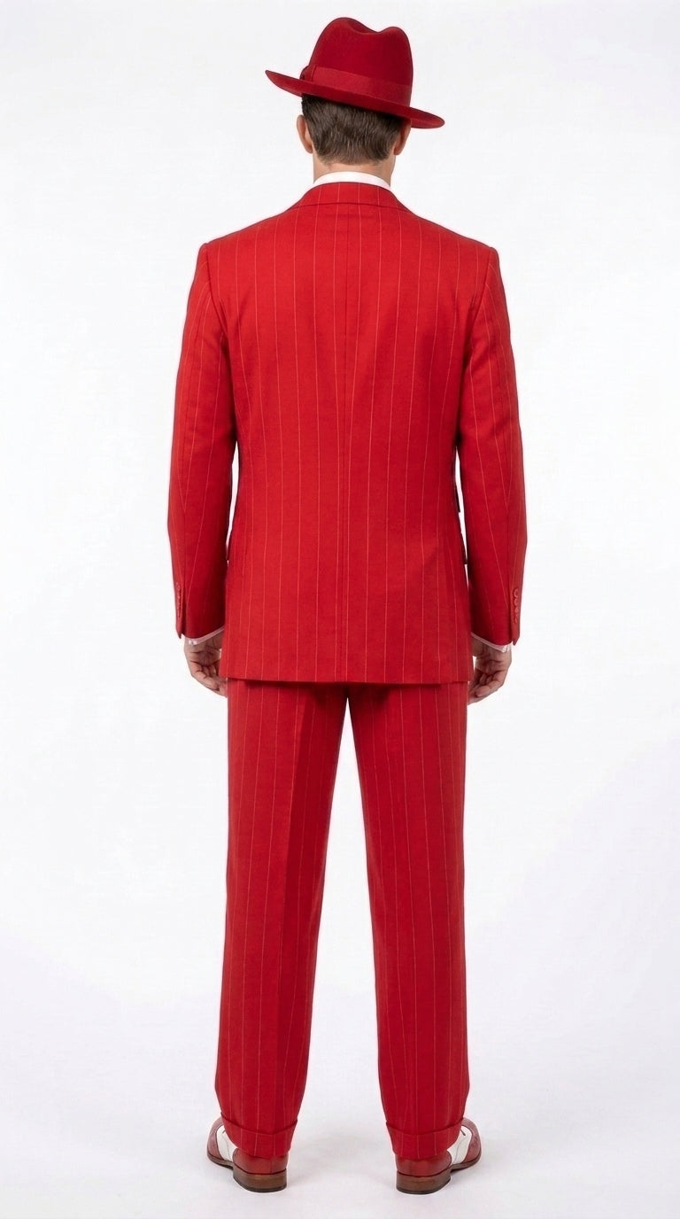 1920s Christmas Holiday Gangster Men’s Red Pinstripe 3-Piece Suit – Peak Lapel Classic Fit Pleated Pants - 34 Short or Extra Small