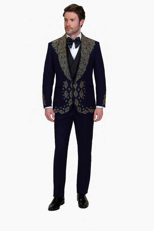 Mens Navy Tuxedo with Gold Embroidery Slim Fit Formal Dinner Jacket with Shawl Lapel