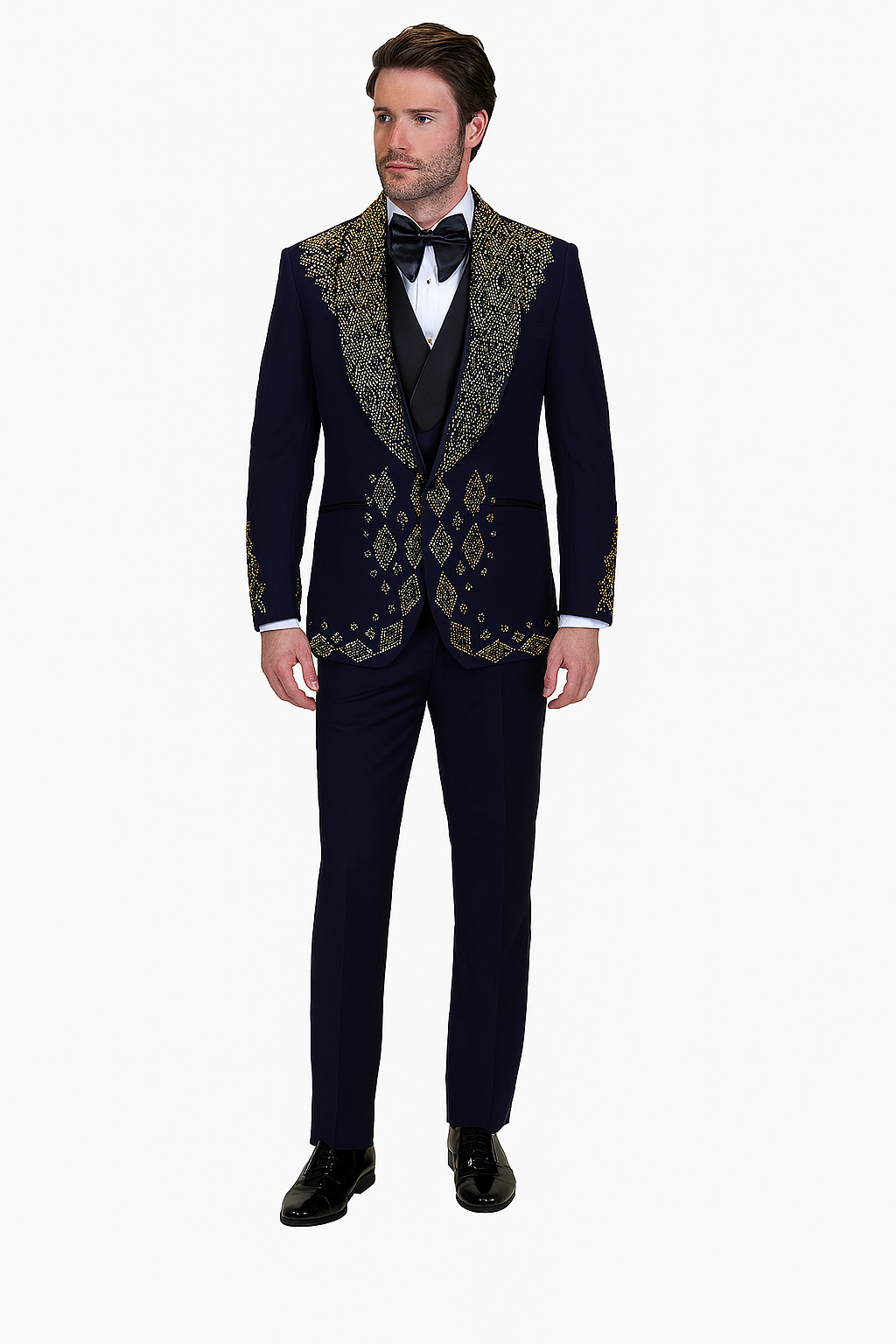 Mens Navy Tuxedo with Gold Embroidery Slim Fit Formal Dinner Jacket with Shawl Lapel