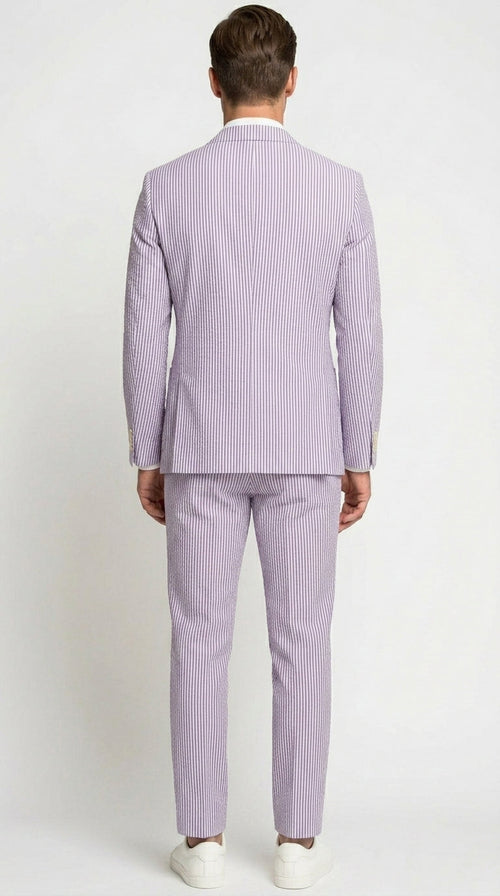 Men’s Lavender Seersucker 2 Piece Suit, Lightweight Summer Blazer and Pants Set for Weddings, Parties, Prom, and summer fabric