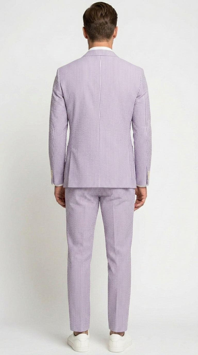 Men’s Lavender Seersucker 2 Piece Suit, Lightweight Summer Blazer and Pants Set for Weddings, Parties, Prom, and summer fabric - 34 Short or Extra Small