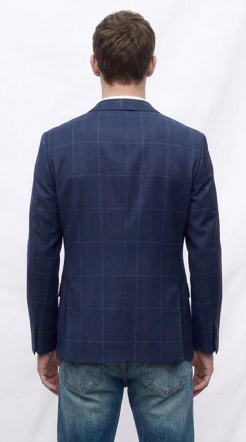 Men’s Navy Blue Plaid Wool Blazer – English Style Textured Wool Winter Sport Coat Windowpane pattern